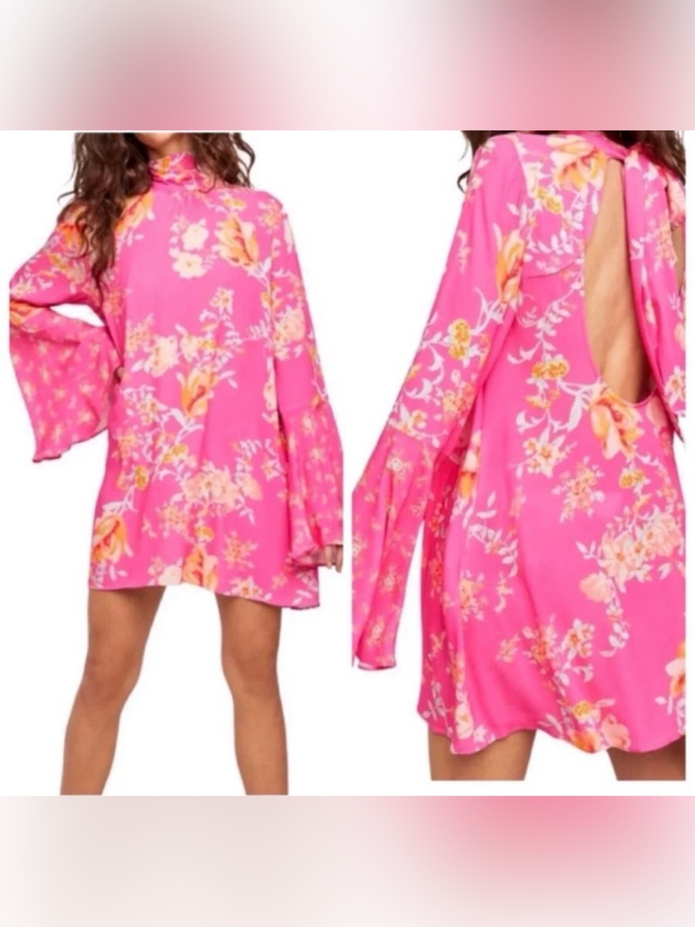 Free People Tate Tunic Dress Pink Floral Bell Sleeve Open Back Boho Size Small
